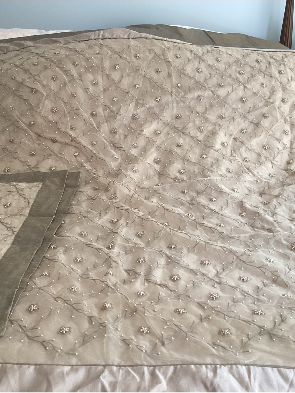 Beaded Floral Embroidered Beige/Gray Quilt - Brand Unspecified